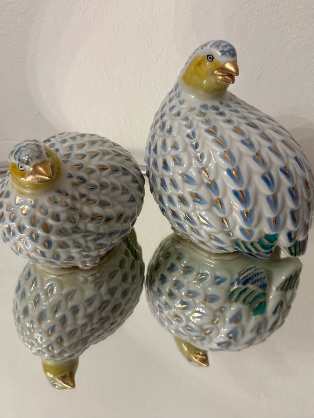Vintage Porcelain Quail Figurines - White and Blue with Gold Accents